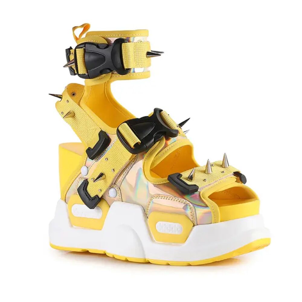 Anthony Wang Punk Spiked Gold Holo Graphic Women's Platform Sandals - Picture 3 of 3